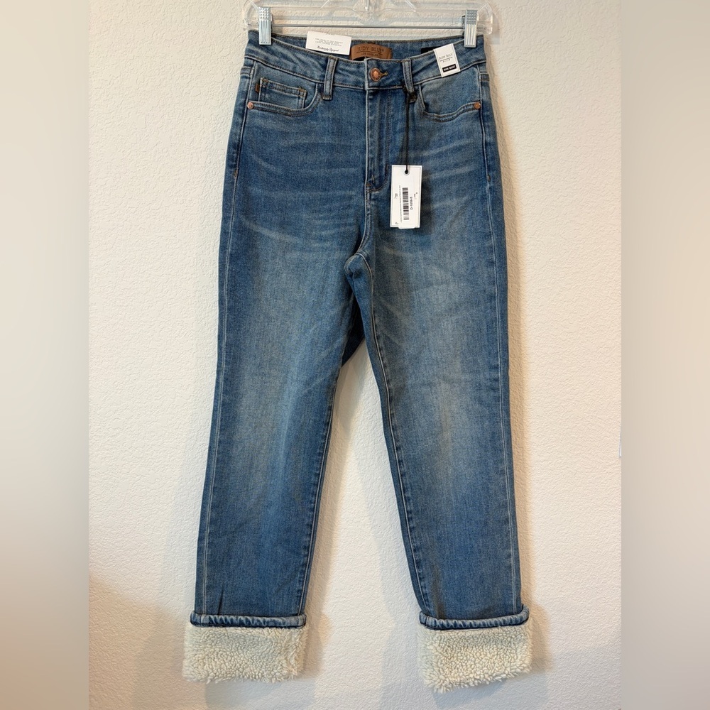 Judy Blue Women’s High Rise Medium Wash Shearling Cuff Straight Leg Jean - 27